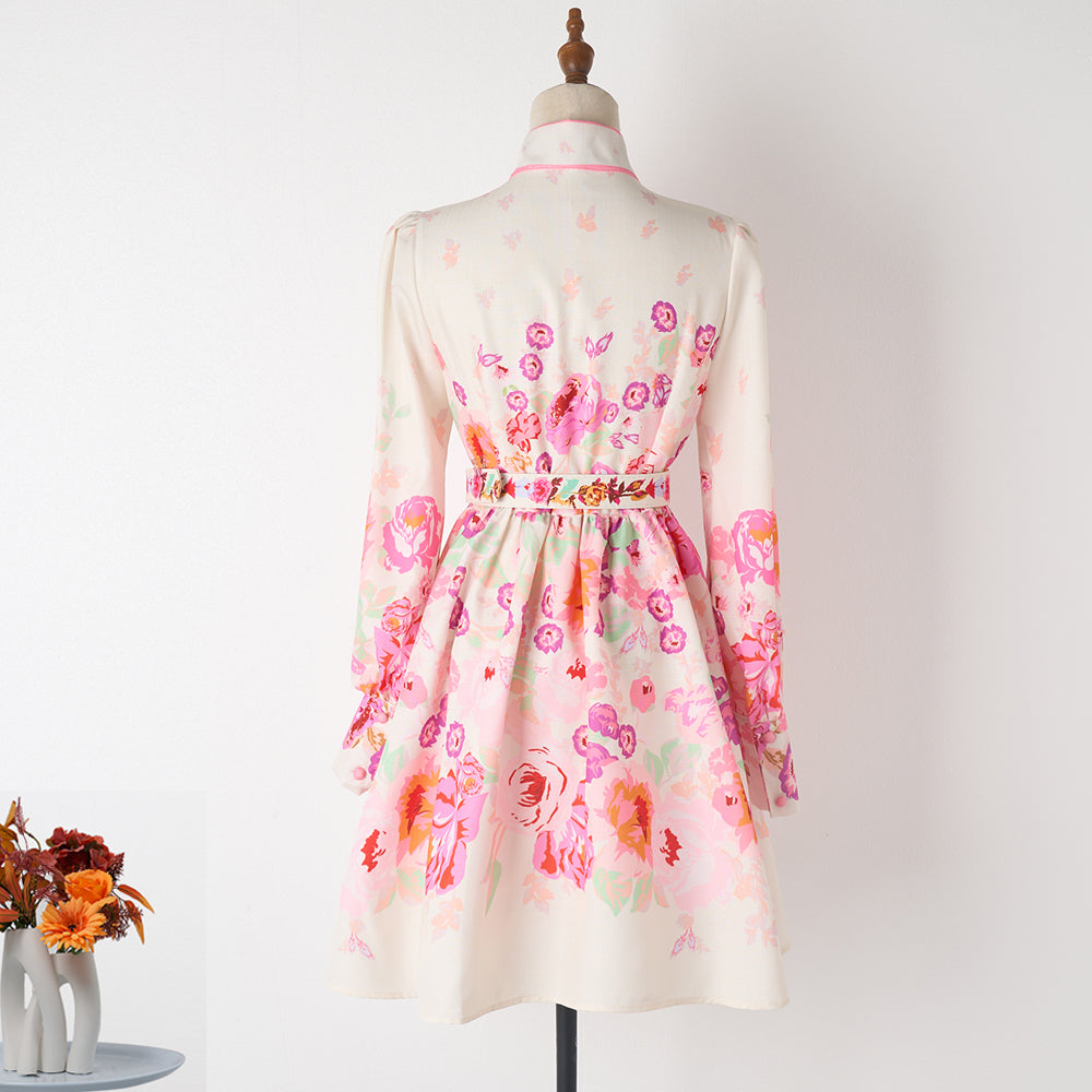 Printed Belt Short Long-Sleeve Dress