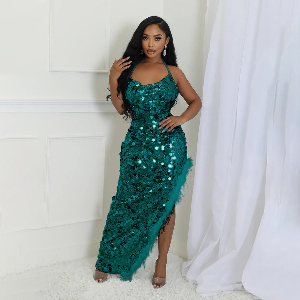 Sling Big Sequin Irregular Asymmetric Dress