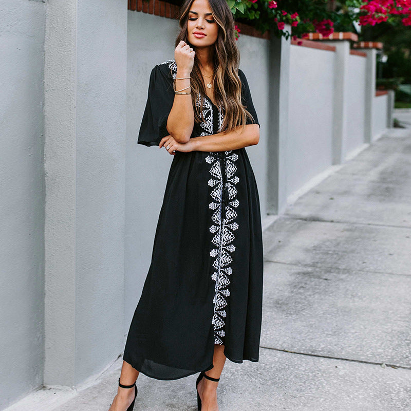 Black rayon cover-up swimwear with lace-up embroidered front detail and cuffed sleeves