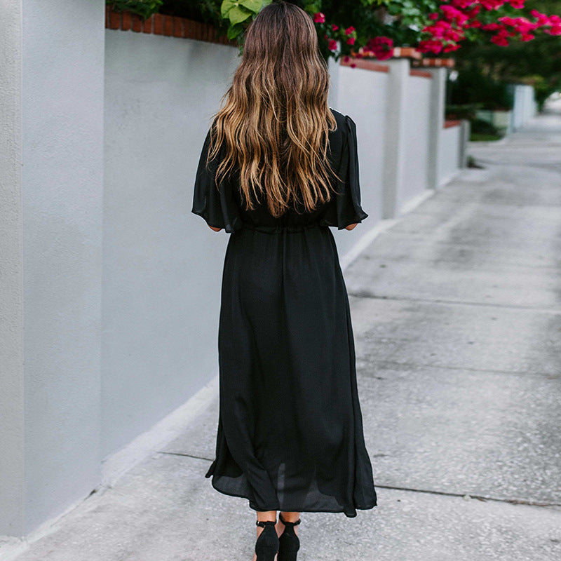 Black rayon cover-up swimwear, flowy back with three-quarter wide sleeves