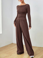 Autumn Winter Solid Color Long-Sleeve Casual Wide Leg Trousers Two-Piece Set