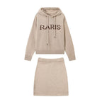 Women's Fall Simple Hooded Letters Top And Skirt Two-Piece Set