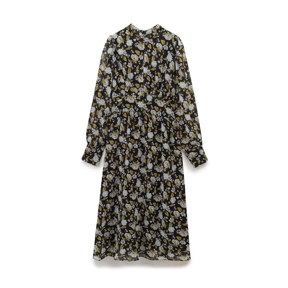 Women's Printed Collared Long-Sleeve Dress