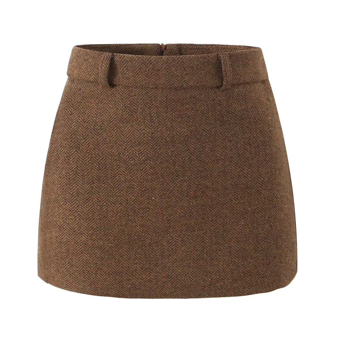 Herringbone Pattern Woolen Autumn Winter Retro High Skirt