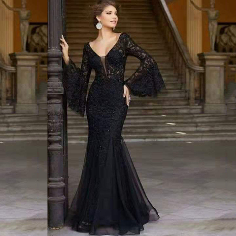 Women's V-Neck Lace Fishtail Evening Dress