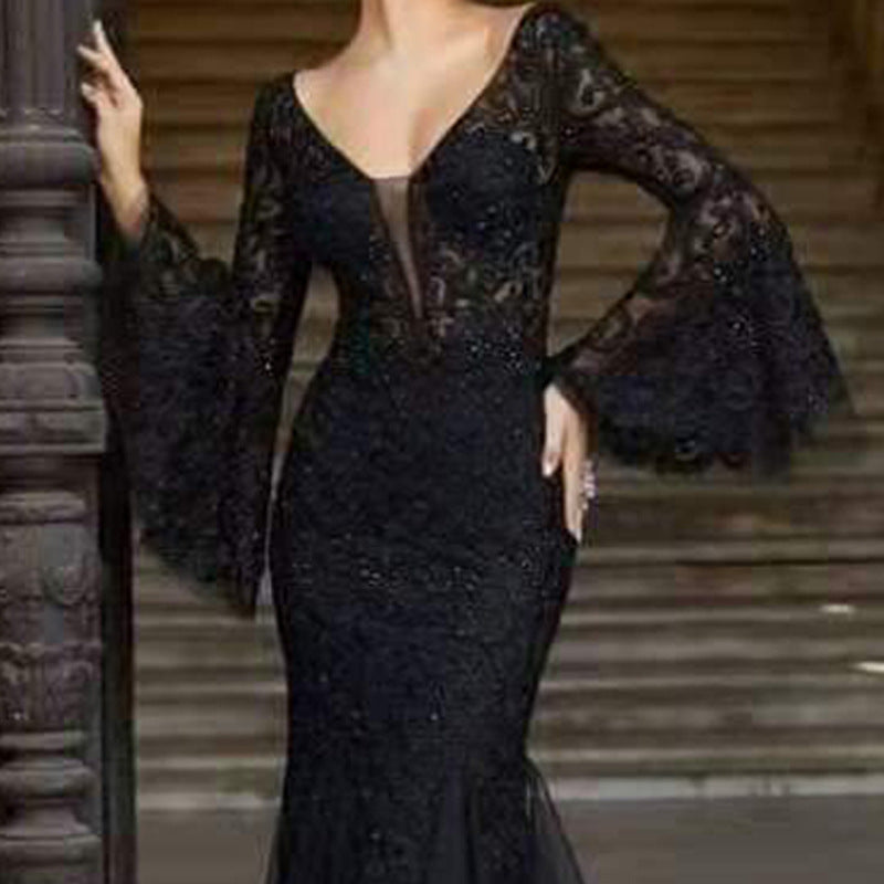 Women's V-Neck Lace Fishtail Evening Dress