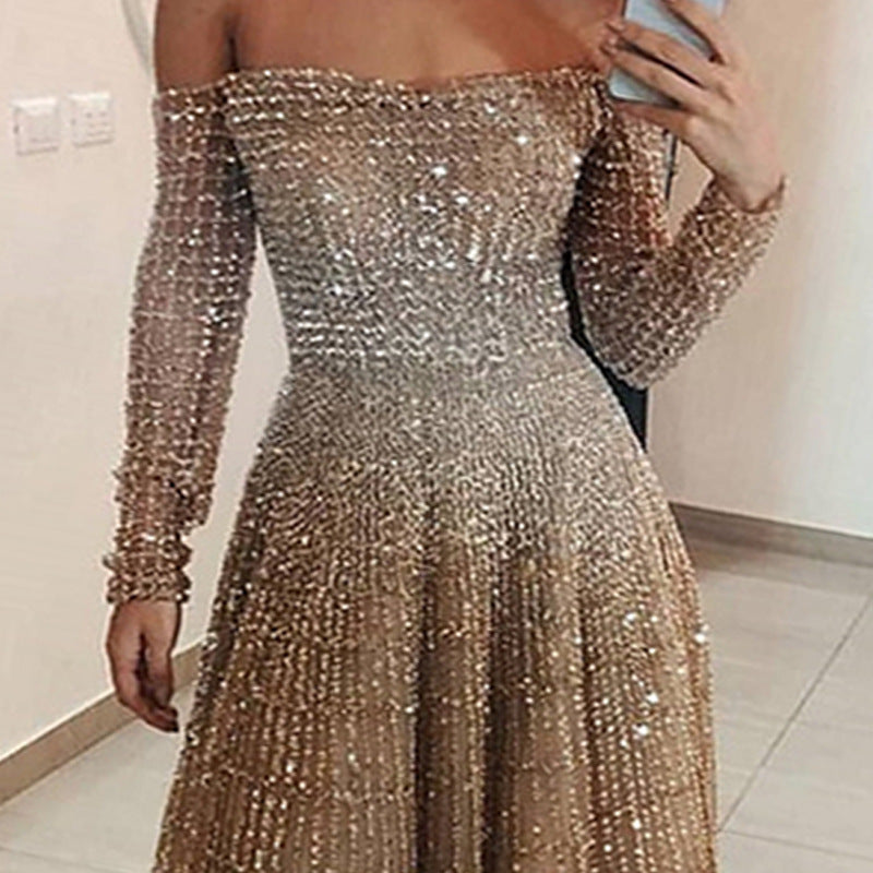 Women's Long Autumn Winter Shiny Off Shoulder Long Sleeve Dress