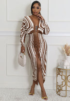 Printed Color-Block V-Neck Long-Sleeve Split A-Line Maxi Dress