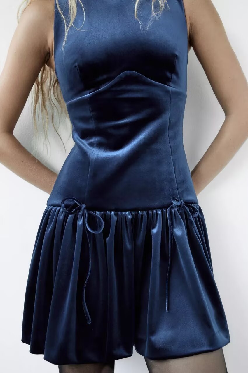 Fall Velvet Bowknot Decoration Short Dress Women Clothing