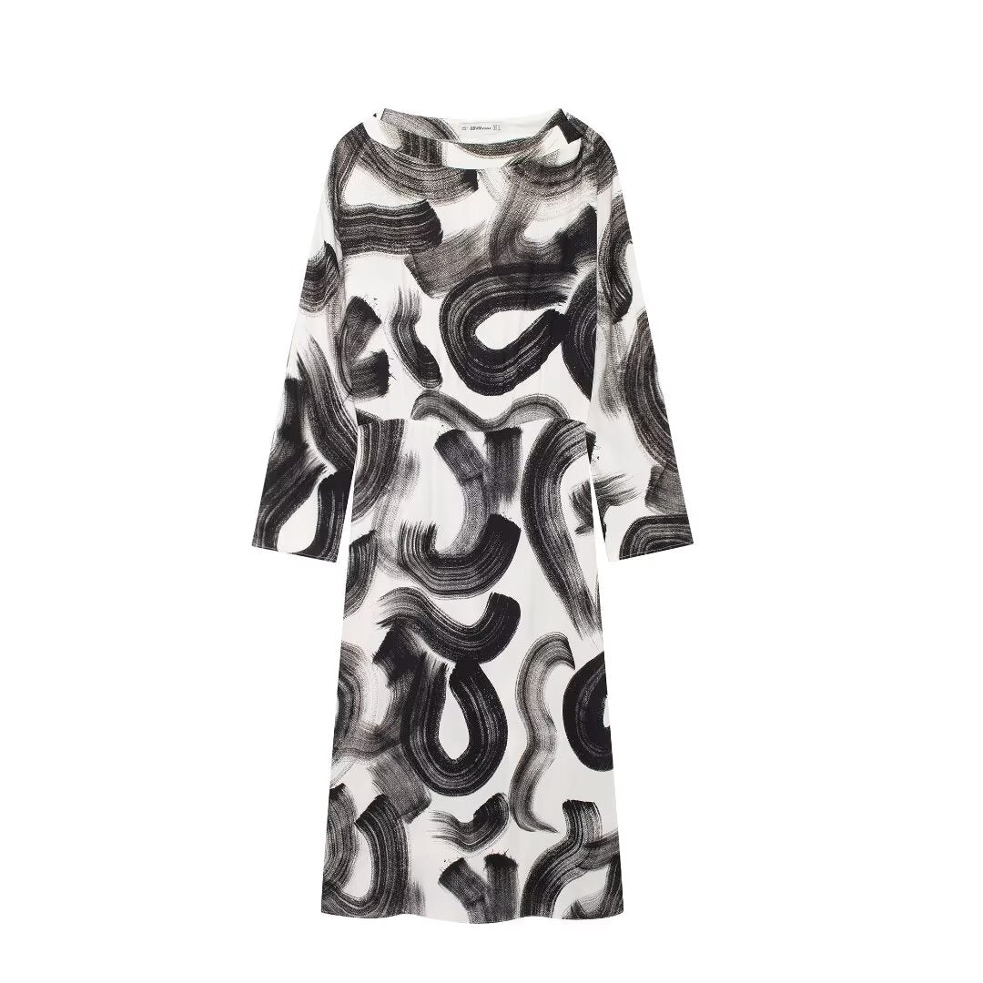 Retro Print Long-Sleeve Midi Dress