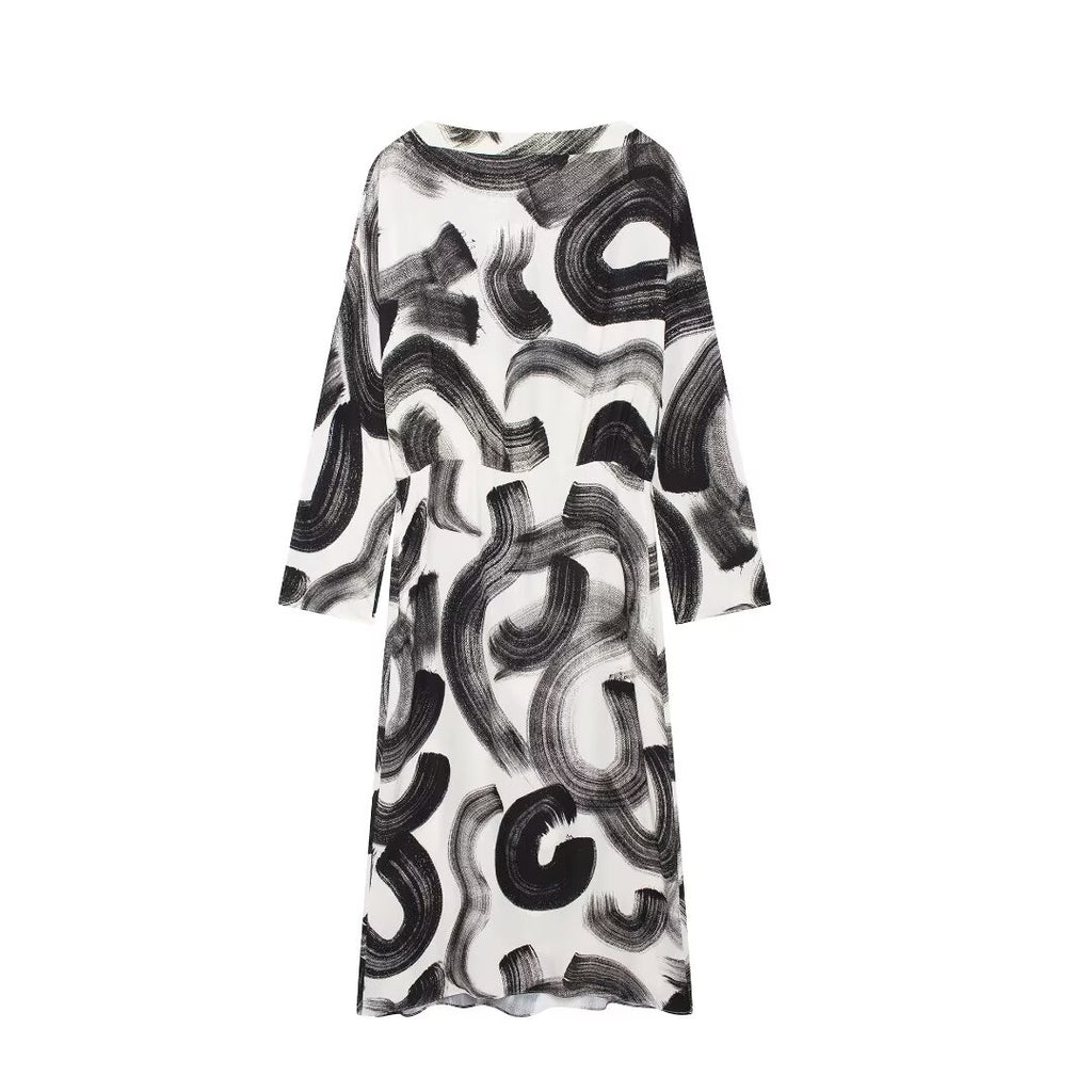 Retro Print Long-Sleeve Midi Dress
