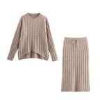 Women's Winter Round Neck Cable Sweater And Skirt Two-Piece Set