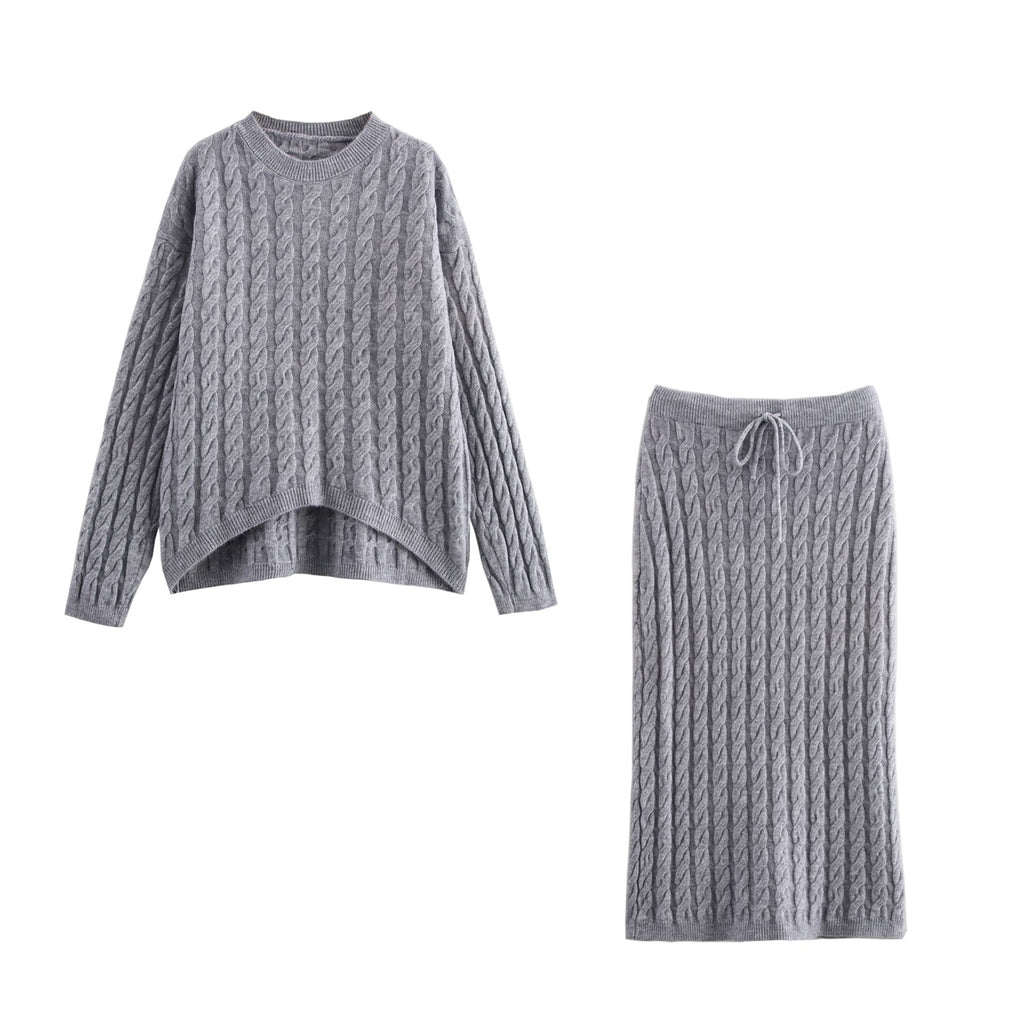 Women's Winter Round Neck Cable Sweater And Skirt Two-Piece Set