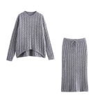 Women's Winter Round Neck Cable Sweater And Skirt Two-Piece Set