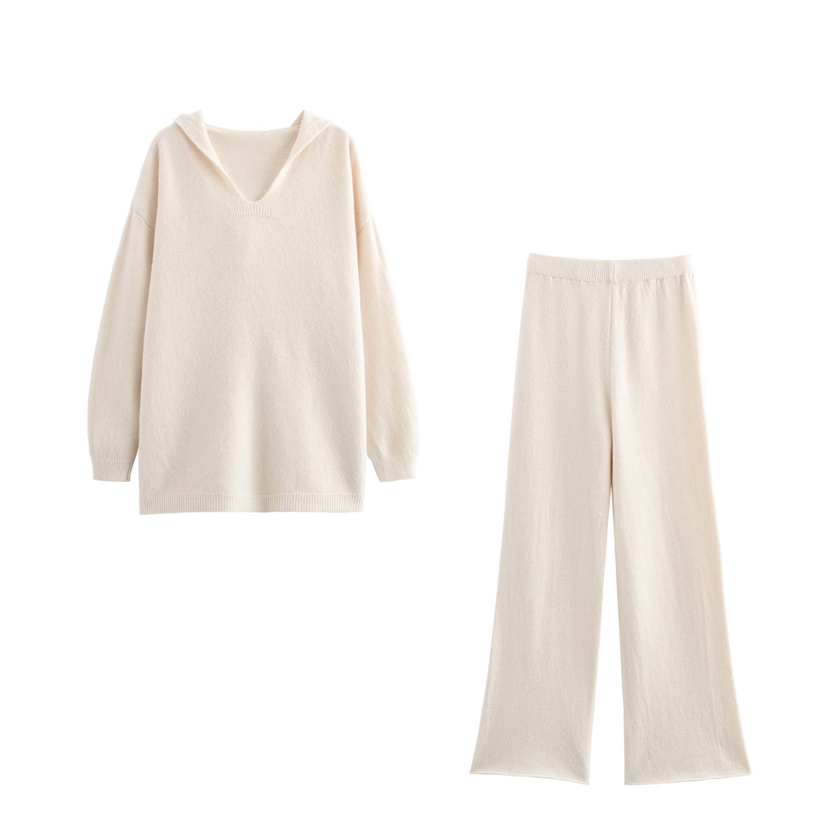 Hooded Pullover Knitwear Wide Leg Pants Suit Two-Piece Set