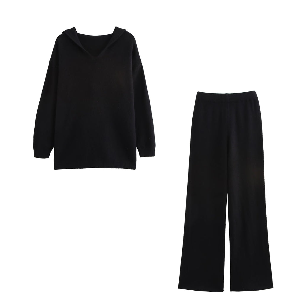 Hooded Pullover Knitwear Wide Leg Pants Suit Two-Piece Set