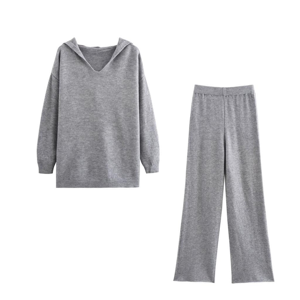 Hooded Pullover Knitwear Wide Leg Pants Suit Two-Piece Set