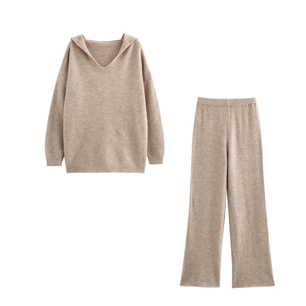 Hooded Pullover Knitwear Wide Leg Pants Suit Two-Piece Set