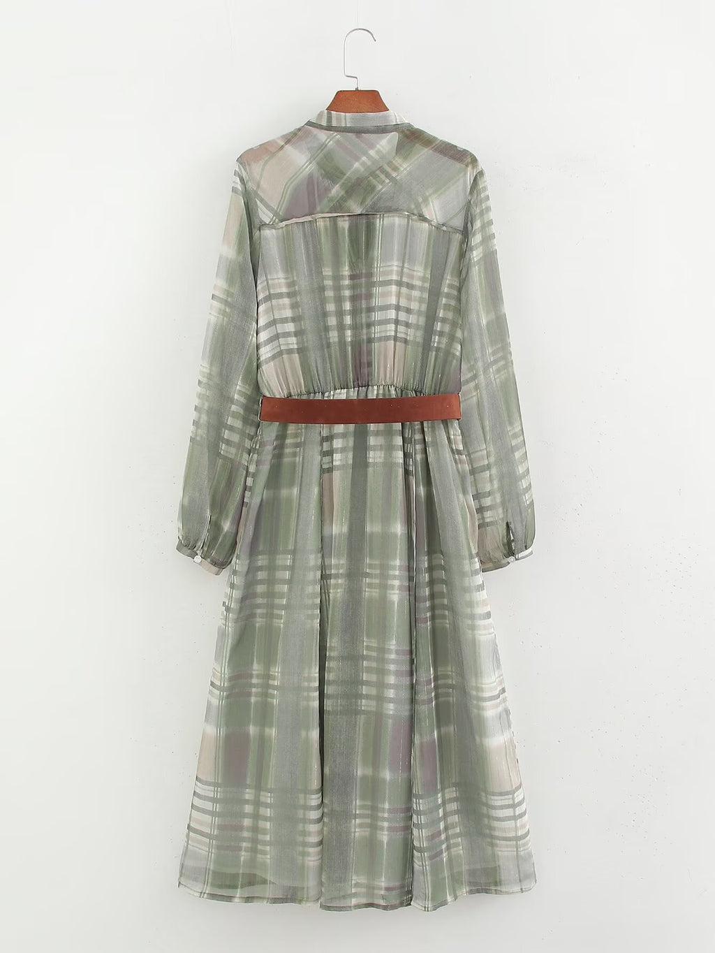 Checked Tie-Neck Belted Midi Dress