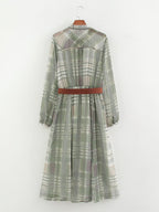 Checked Tie-Neck Belted Midi Dress