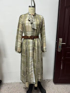 Checked Tie-Neck Belted Midi Dress