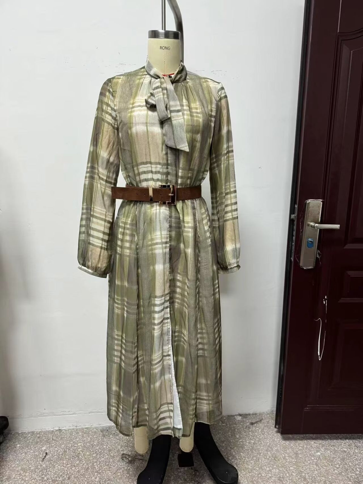 Checked Tie-Neck Belted Midi Dress