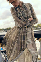 Checked Tie-Neck Belted Midi Dress
