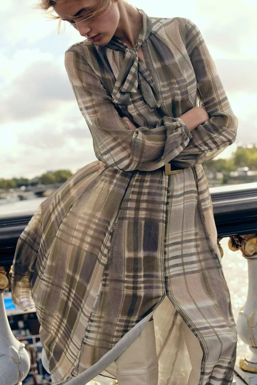 Checked Tie-Neck Belted Midi Dress