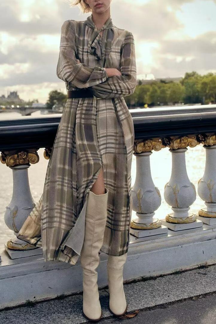 Checked Tie-Neck Belted Midi Dress