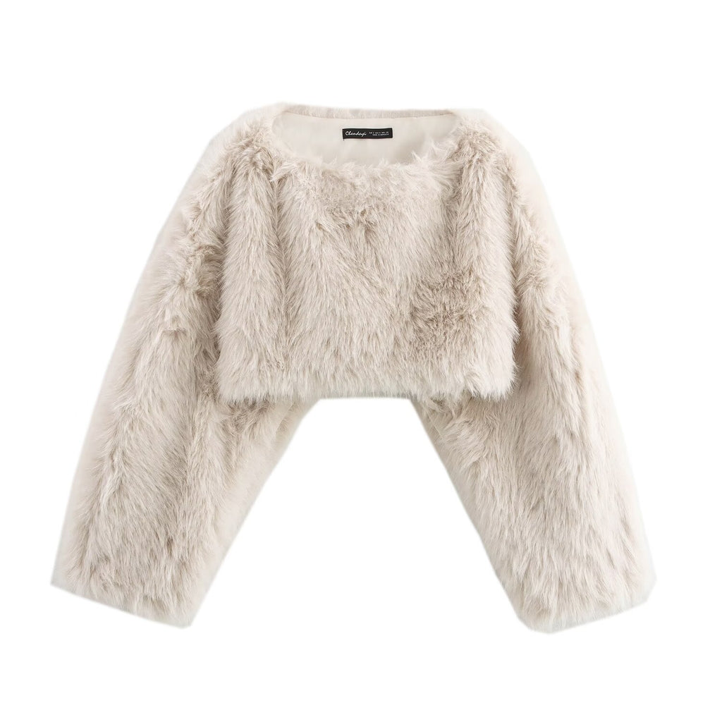Women's Solid Color Long Sleeve Artificial Fur Effect Top