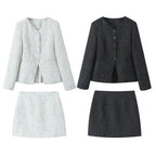 Women's Fall Tweed Plaid Waist Blazer and Skirt Two-Piece Set