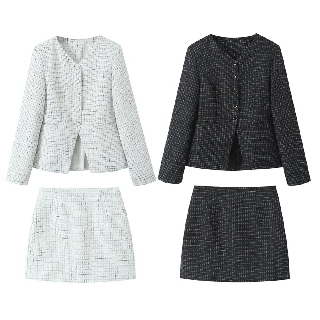 Women's Fall Tweed Plaid Waist Blazer and Skirt Two-Piece Set
