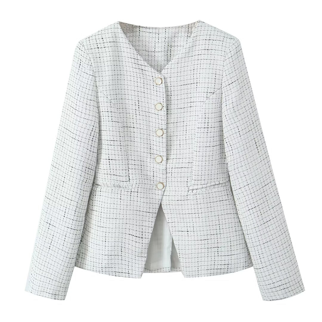 Women's Fall Tweed Plaid Waist Blazer and Skirt Two-Piece Set