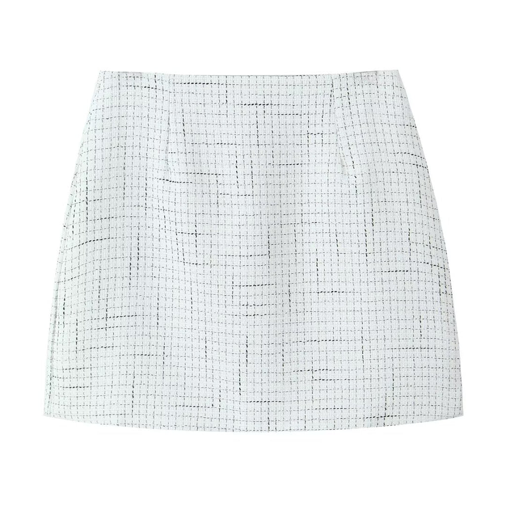 Women's Fall Tweed Plaid Waist Blazer and Skirt Two-Piece Set