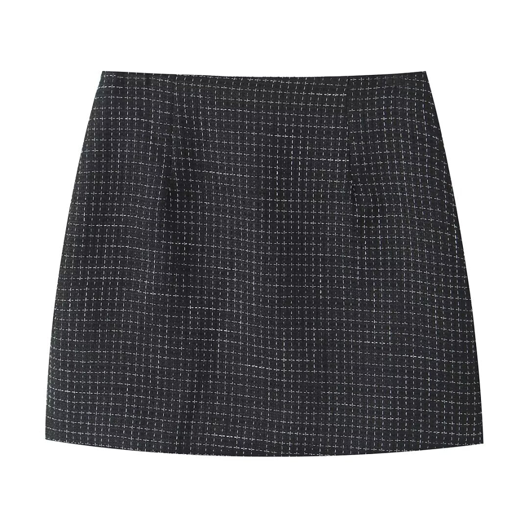 Women's Fall Tweed Plaid Waist Blazer and Skirt Two-Piece Set