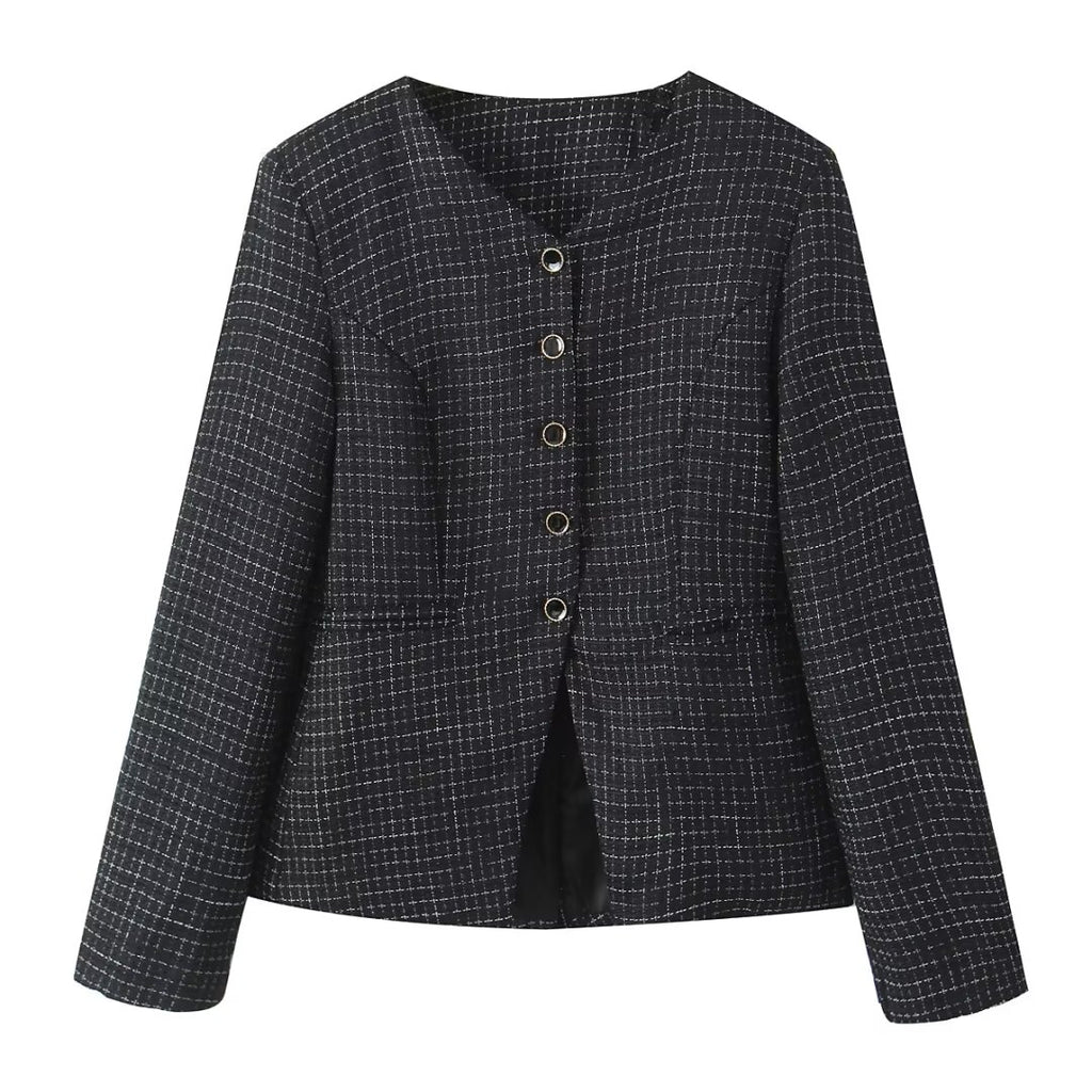 Women's Fall Tweed Plaid Waist Blazer and Skirt Two-Piece Set