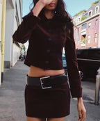 Women's Velvet Belted Mini Two-Piece Skirt Set