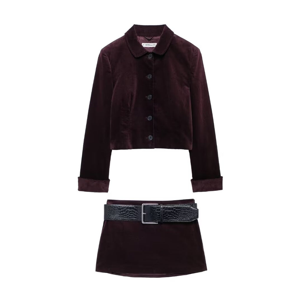 Women's Velvet Belted Mini Two-Piece Skirt Set