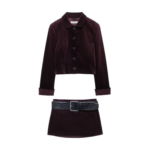 Women's Clothing Autumn Winter Velvet Short Jacket Belt Mini Skirt Set
