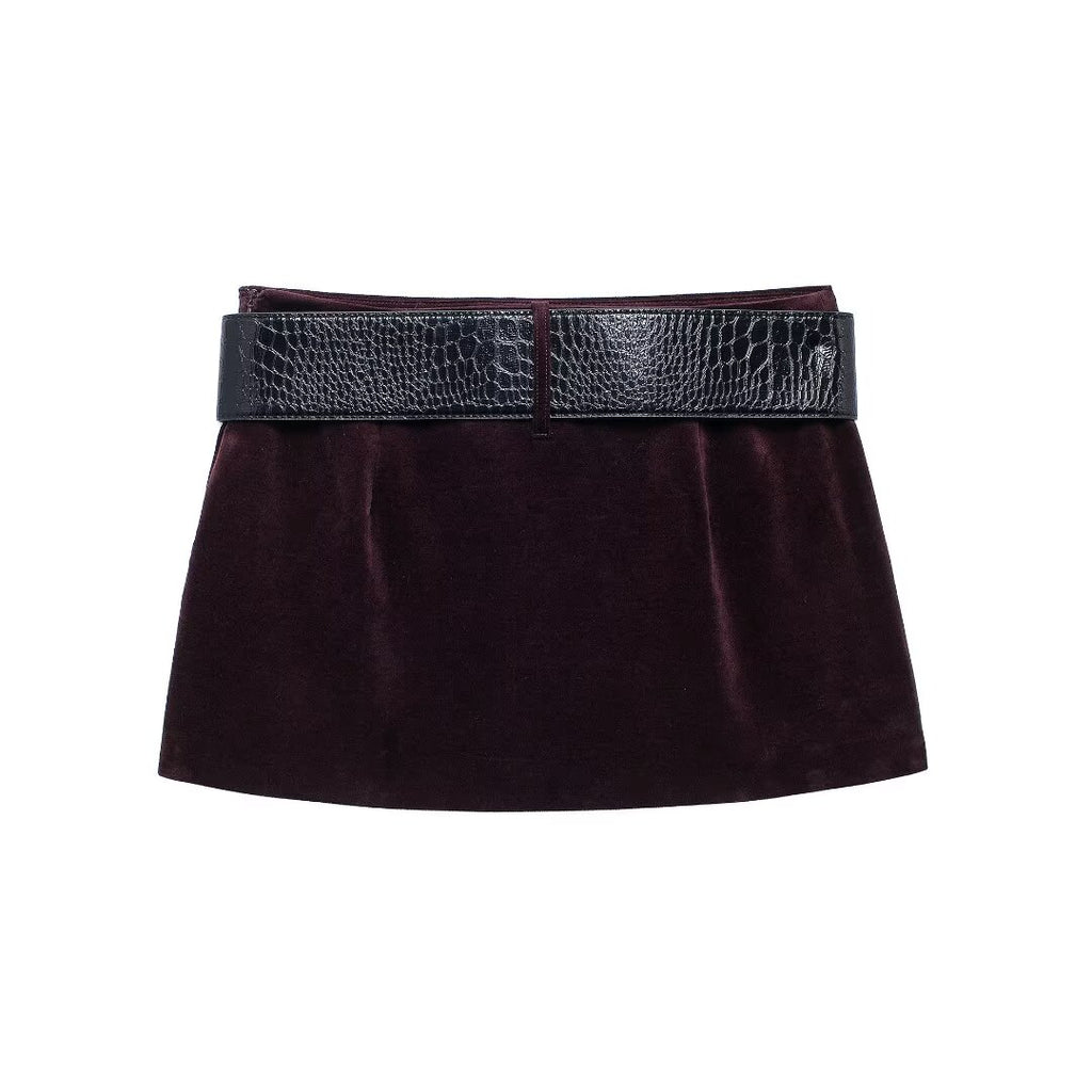 Women's Velvet Belted Mini Two-Piece Skirt Set