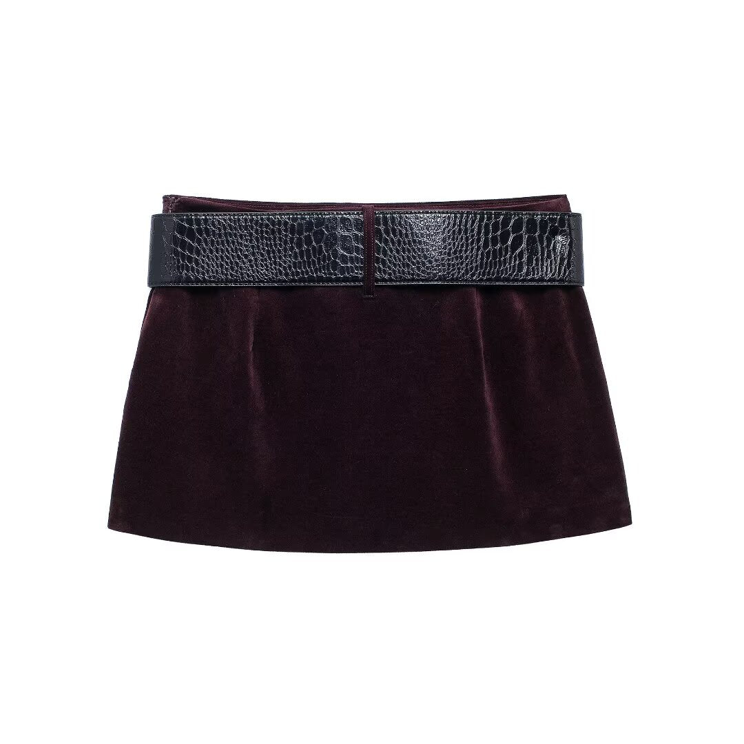 Women's Velvet Belted Mini Two-Piece Skirt Set