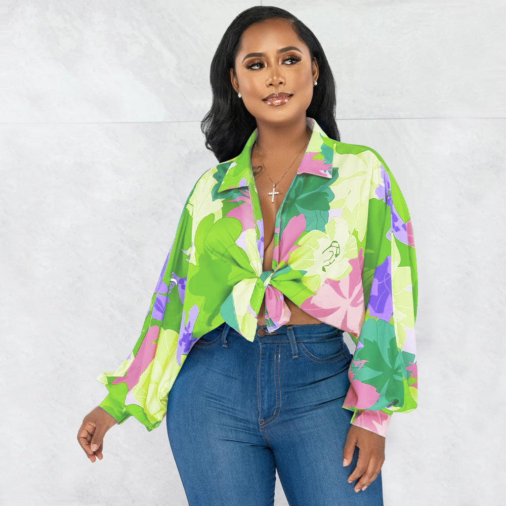 Women's Clothing Batwing Sleeve Top Collared Print Shirt