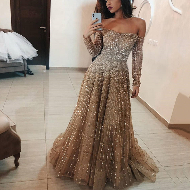 Women's Long Autumn Winter Shiny Off Shoulder Long Sleeve Dress