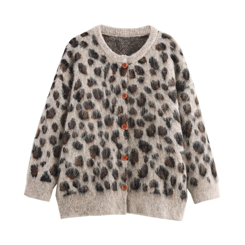 Women's Fall Stylish Simple Leopard Print Button Decoration Sweater
