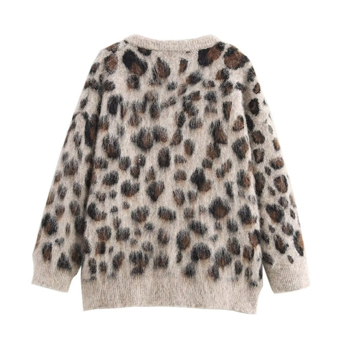 Fall Women Clothing Stylish Simple Leopard Print Button Decoration Long Sleeve Sweater