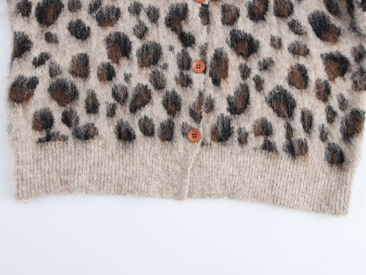 Women's Fall Stylish Simple Leopard Print Button Decoration Sweater