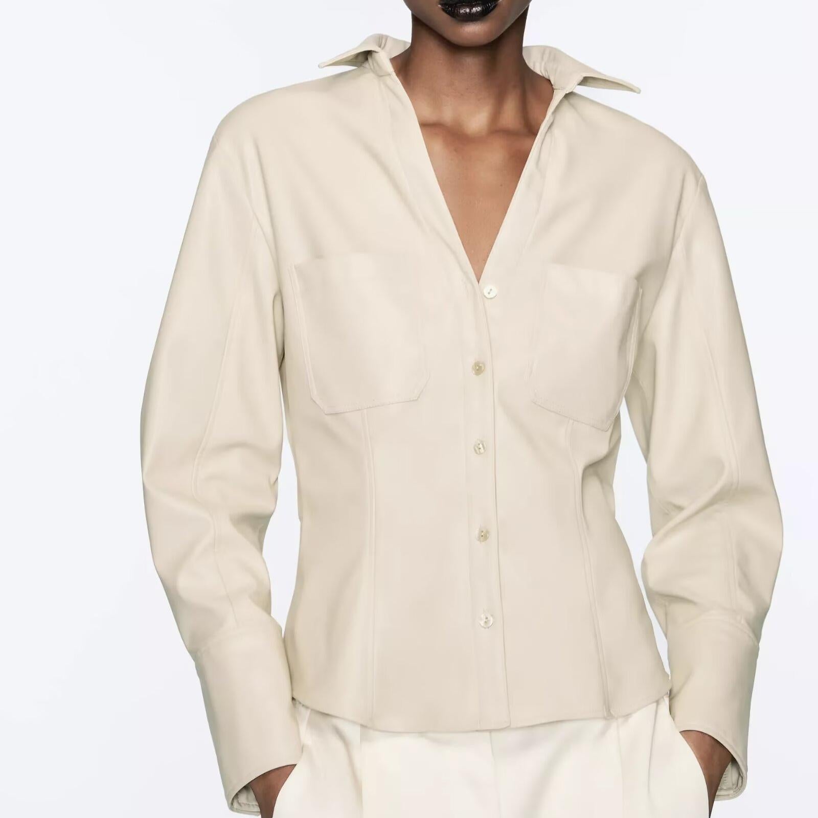 Women's Fall Women Clothing Stylish Simple Faux Leather Slim Shirt