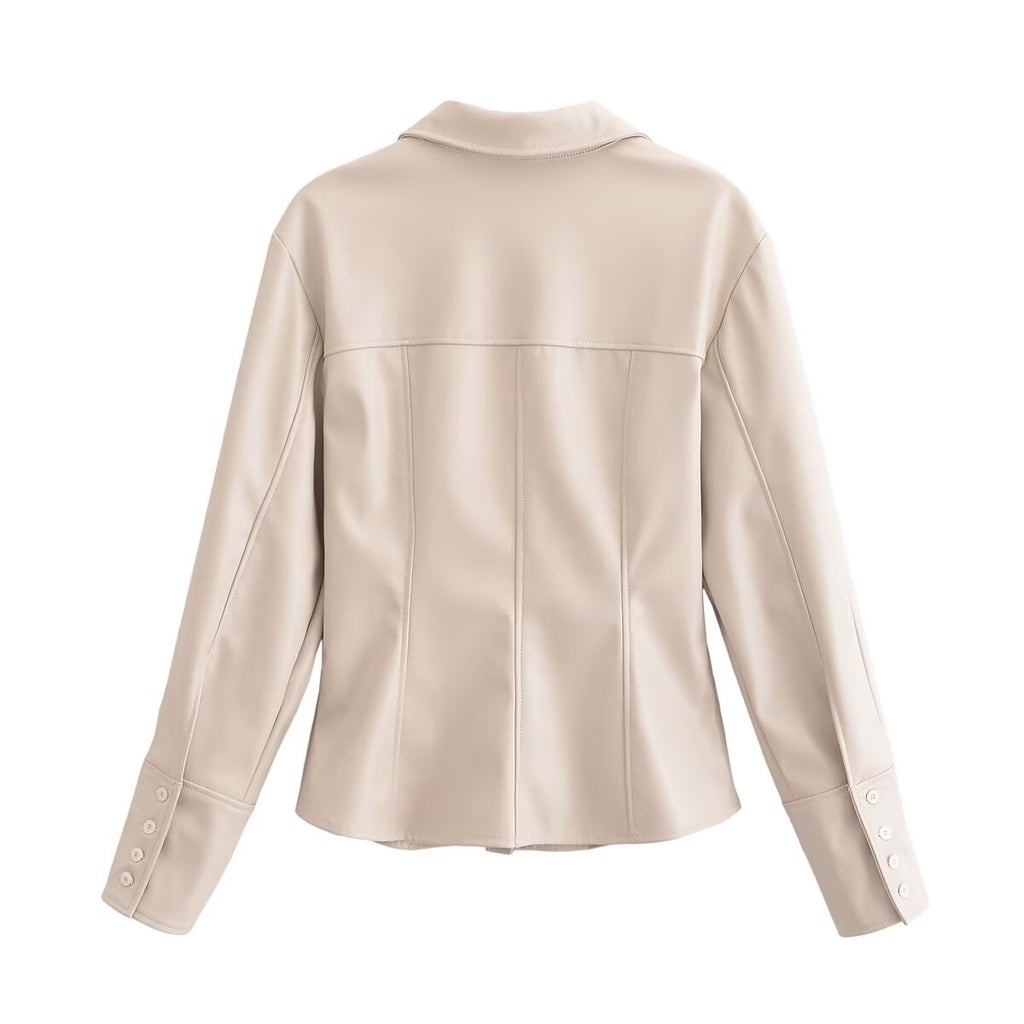 Women's Fall Women Clothing Stylish Simple Faux Leather Slim Shirt
