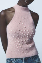 Women's Pearl-Detail Halter Tank Top – Rhinestone Trim