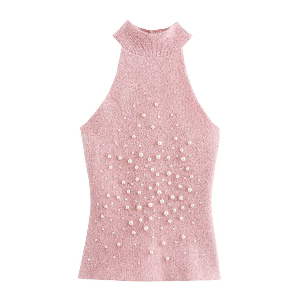 Women's Pearl-Detail Halter Tank Top – Rhinestone Trim
